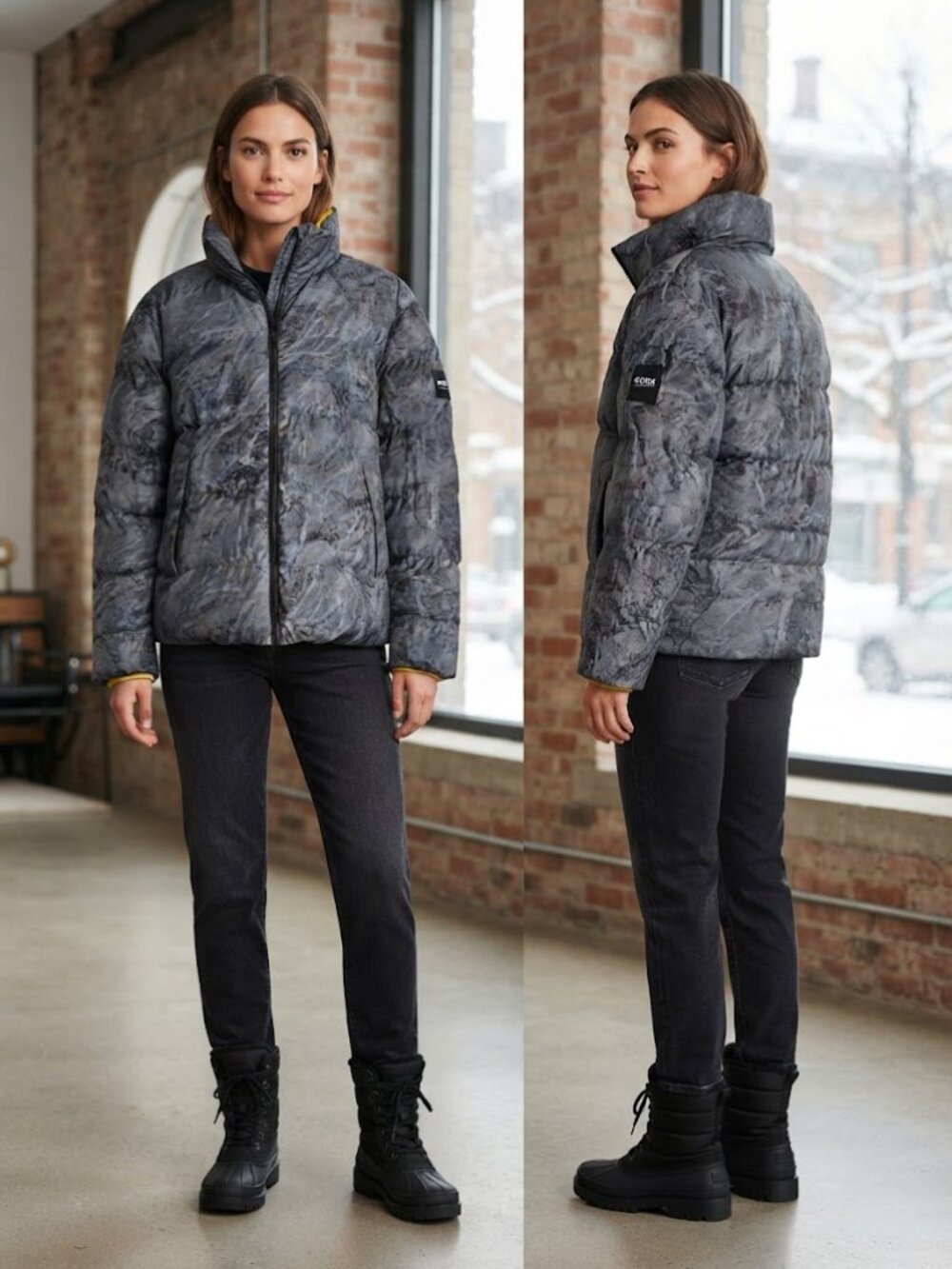 Aigle Grey & Black Marbled Print Puffer Jacket - Size Medium NEW